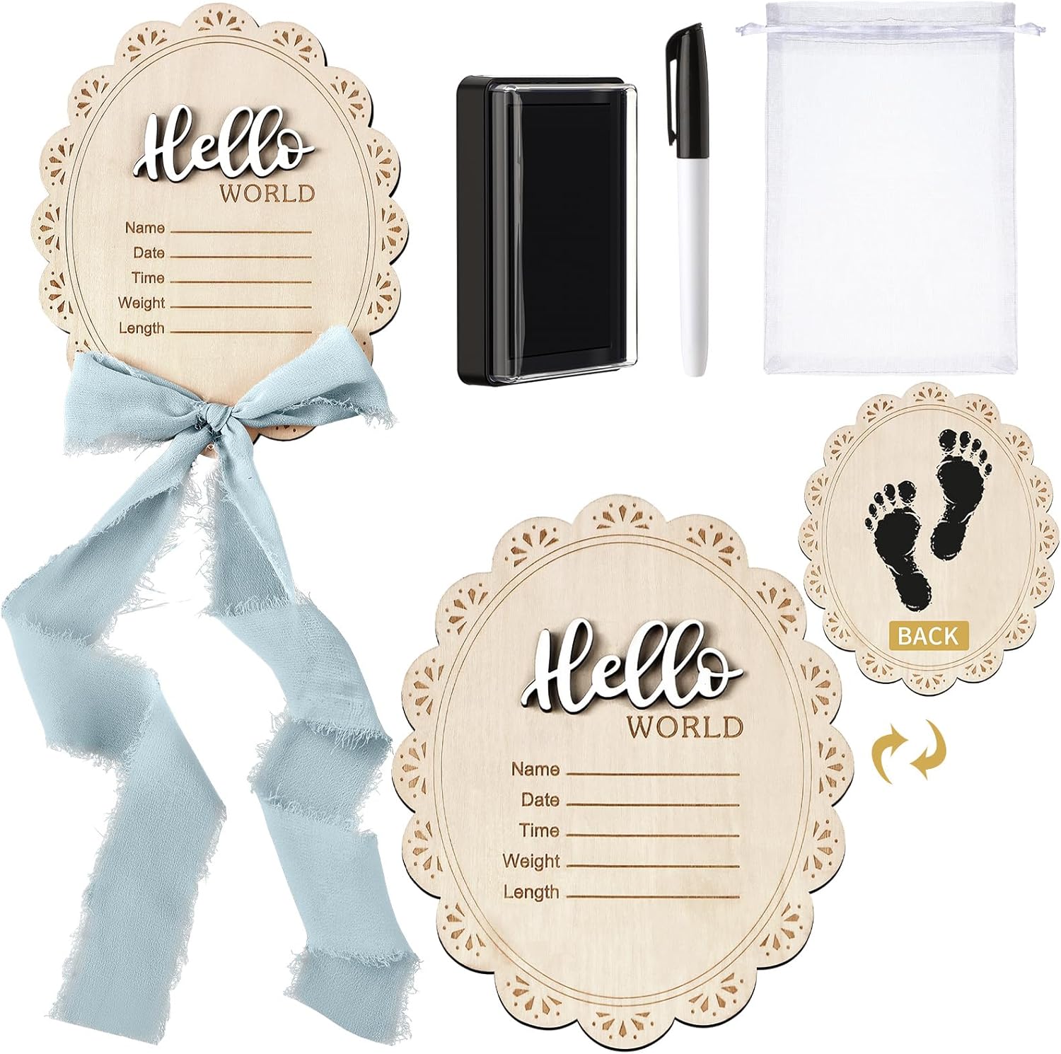 Imaginate baby announcement sign front view showcasing laser engraved hello world design