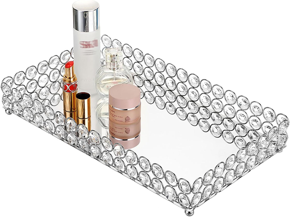 Hipiwe Crystal Perfume Tray Mirrored Bathroom Vanity Organizer, Large | Decorative Jewelry Trinket Tray for Home Decor, Dresser Cosmetic Makeup Trays, Christmas Gift for Women, 13.78" x 7.87" - Image 9