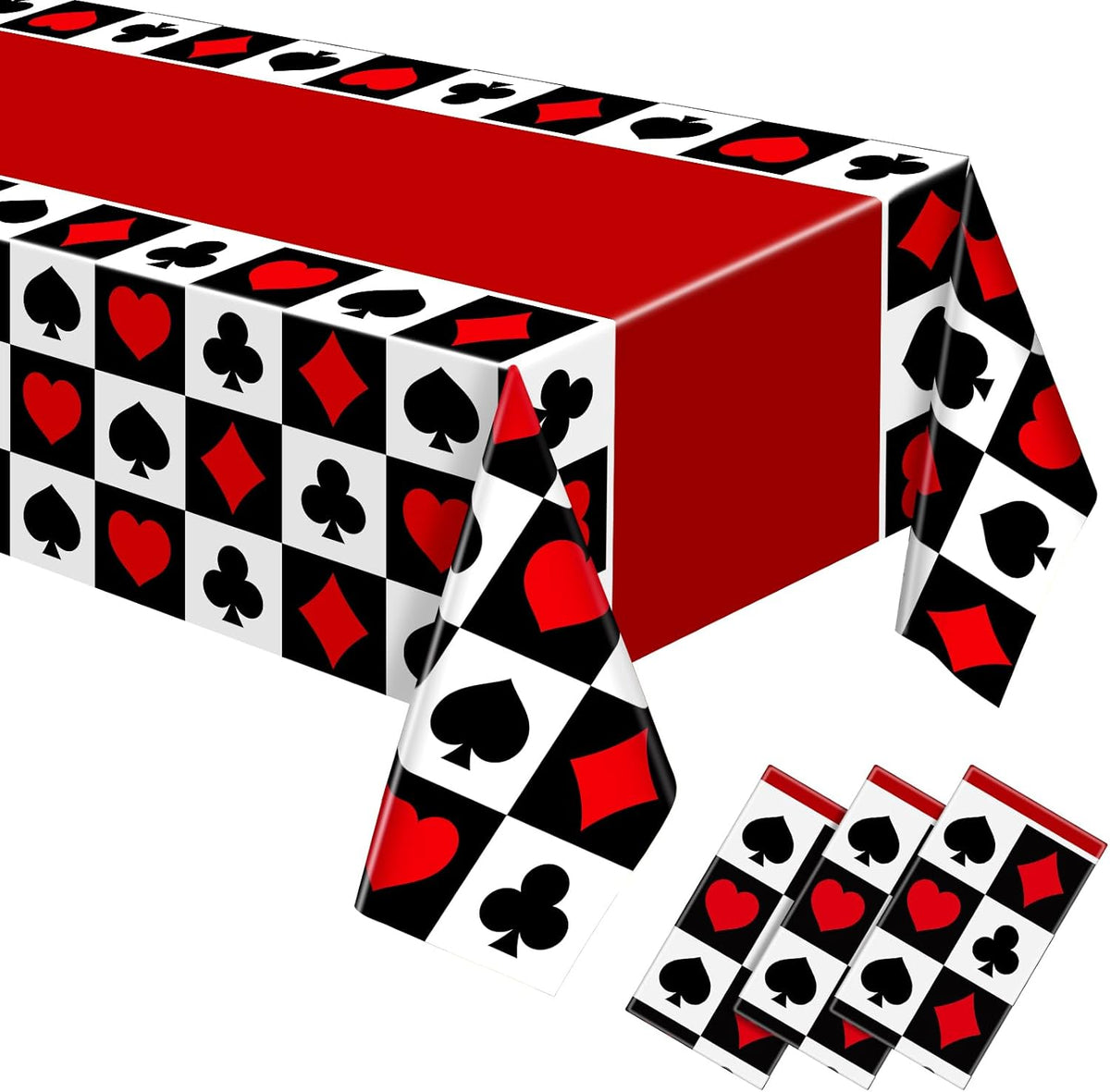Hosuly casino theme party poker tablecloth front view displaying classic red and black playing card suit patterns.