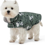 Berkshire Blanket Peanuts microfleece dog coat front view showcasing dark sage color and Snoopy print