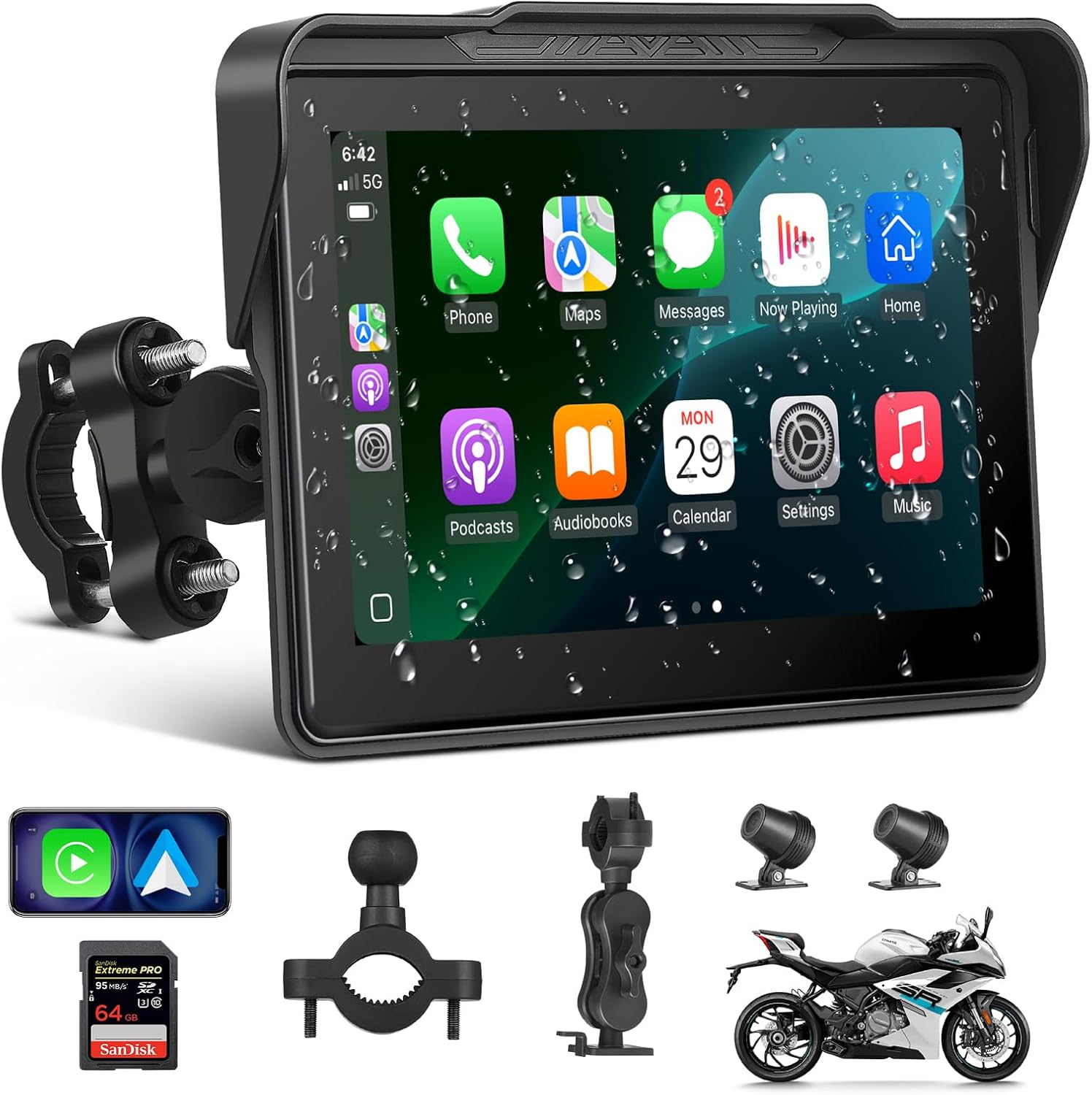 Alvoryn motorcycle CarPlay 7 inch touchscreen front view showing navigation map dashboard interface