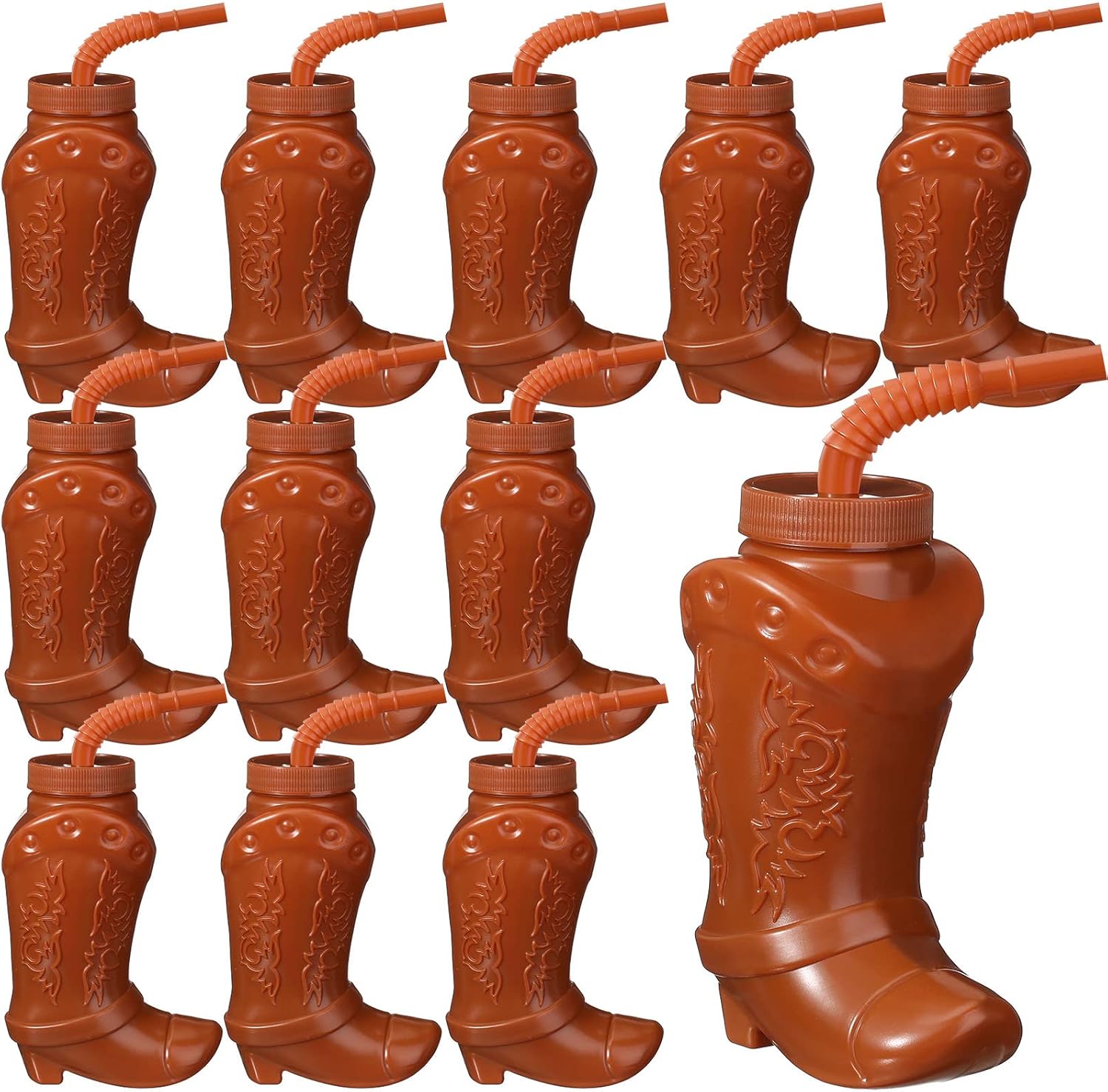 Hoolerry cowboy boot cups brown set front view with lids and straws