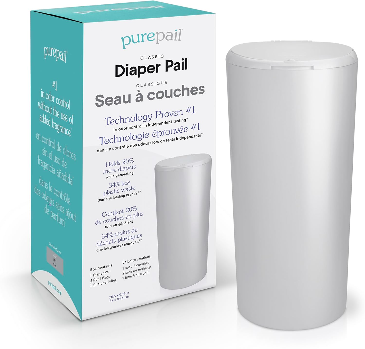 PurePail Classic Diaper Pail in Gray front view for nursery