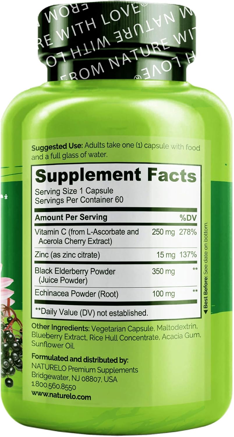 NATURELO Immune Support bottle side view with dosage info