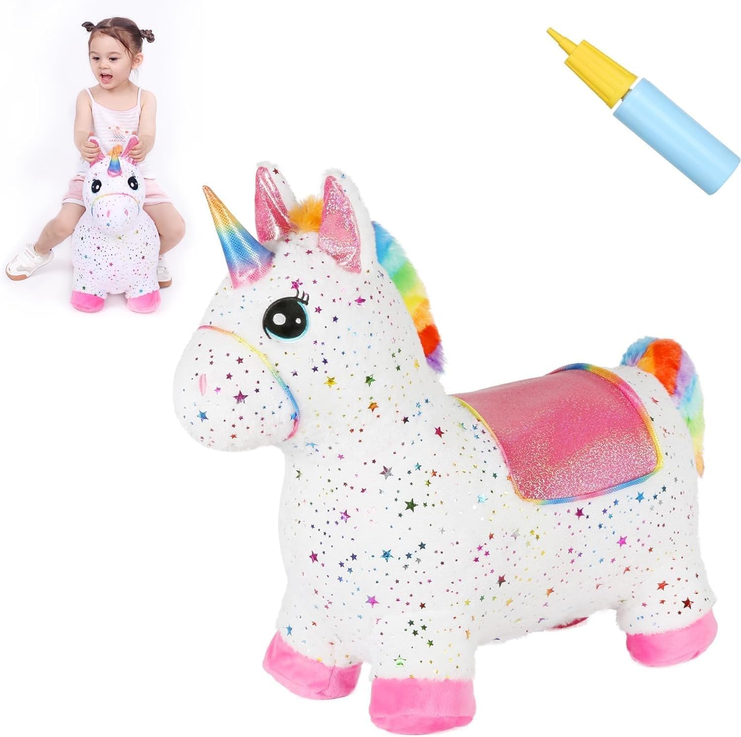 INPANY Unicorn Bouncy Horse toy front view showing plush white coat and rainbow mane