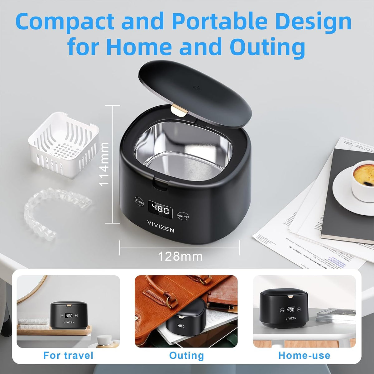 Vivizen ultrasonic machine compact size displayed next to travel items