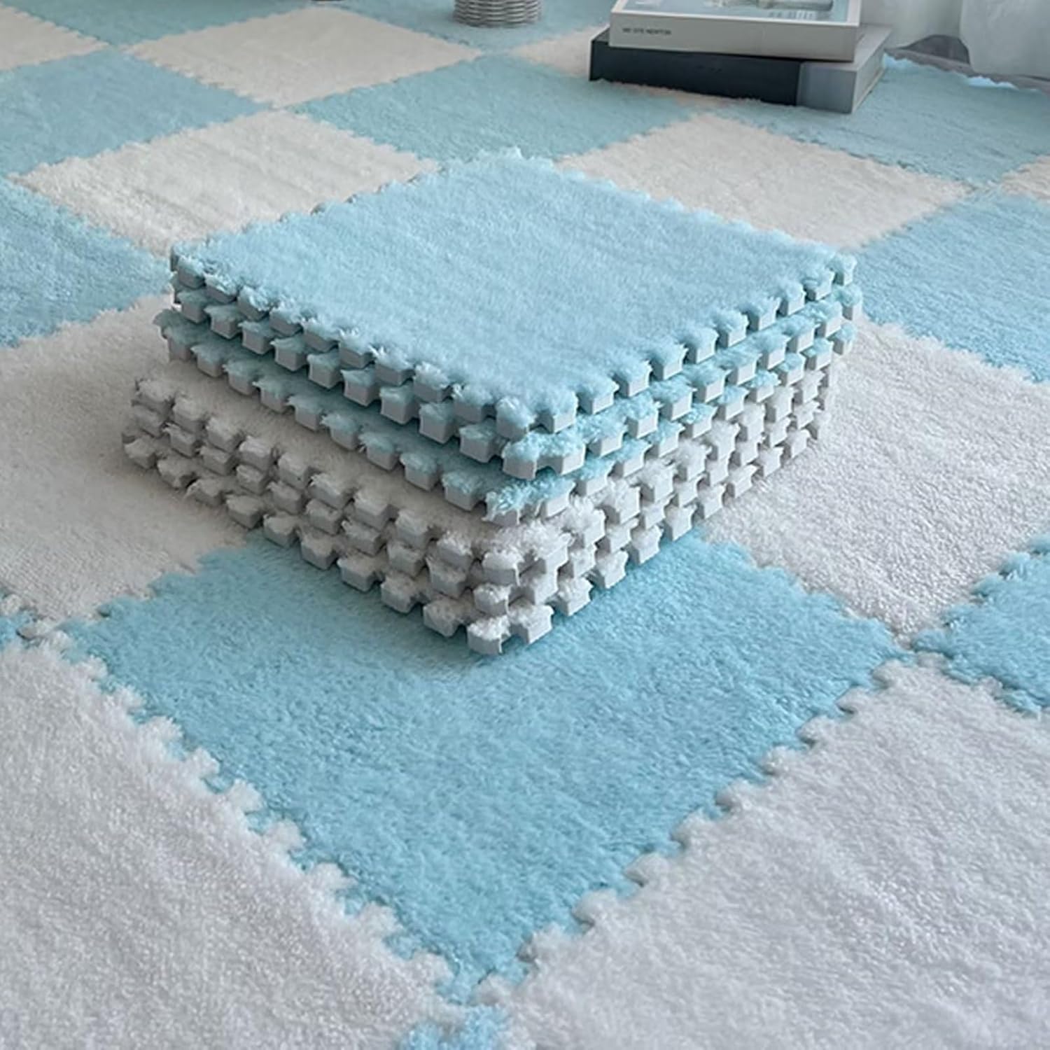 Typutomi plush puzzle foam floor mat blue and white interlocking tiles