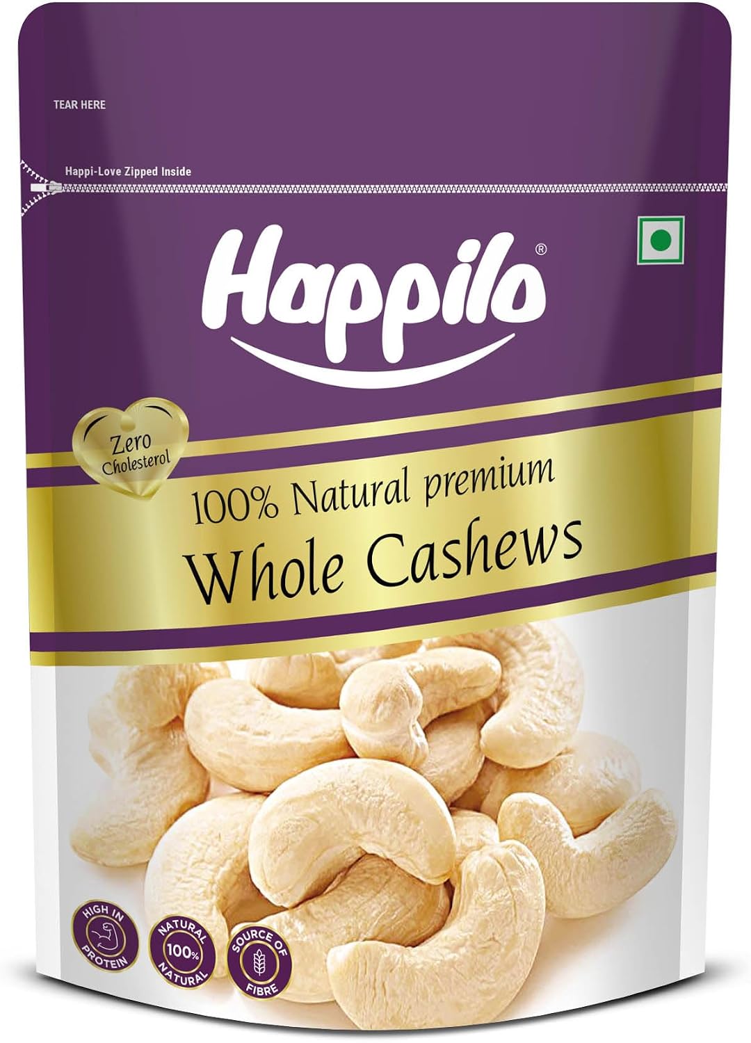 Happilo premium natural whole cashews pouch front view