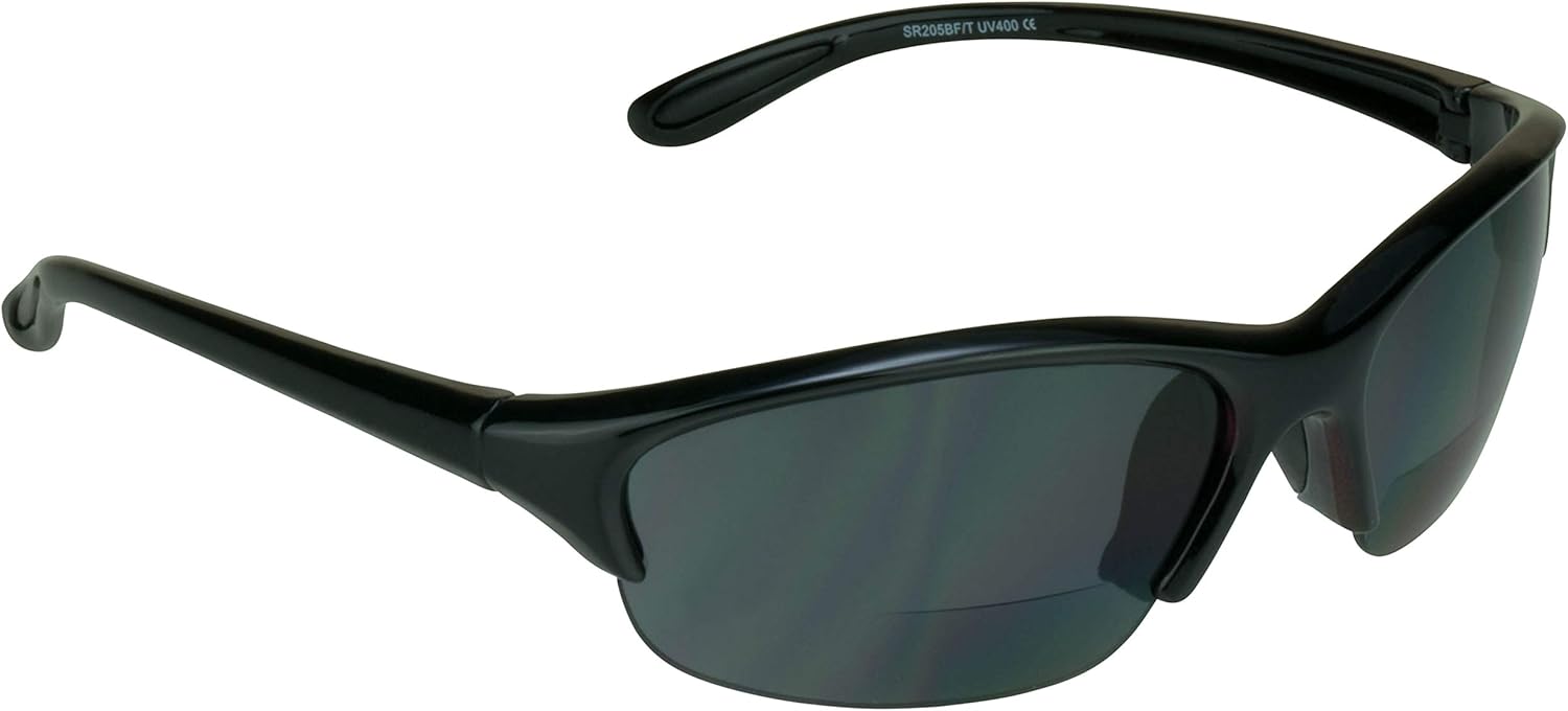 ProSPORT Glider bifocal reading safety sunglasses front view featuring black and pink TR90 half frame with smoke lenses.
