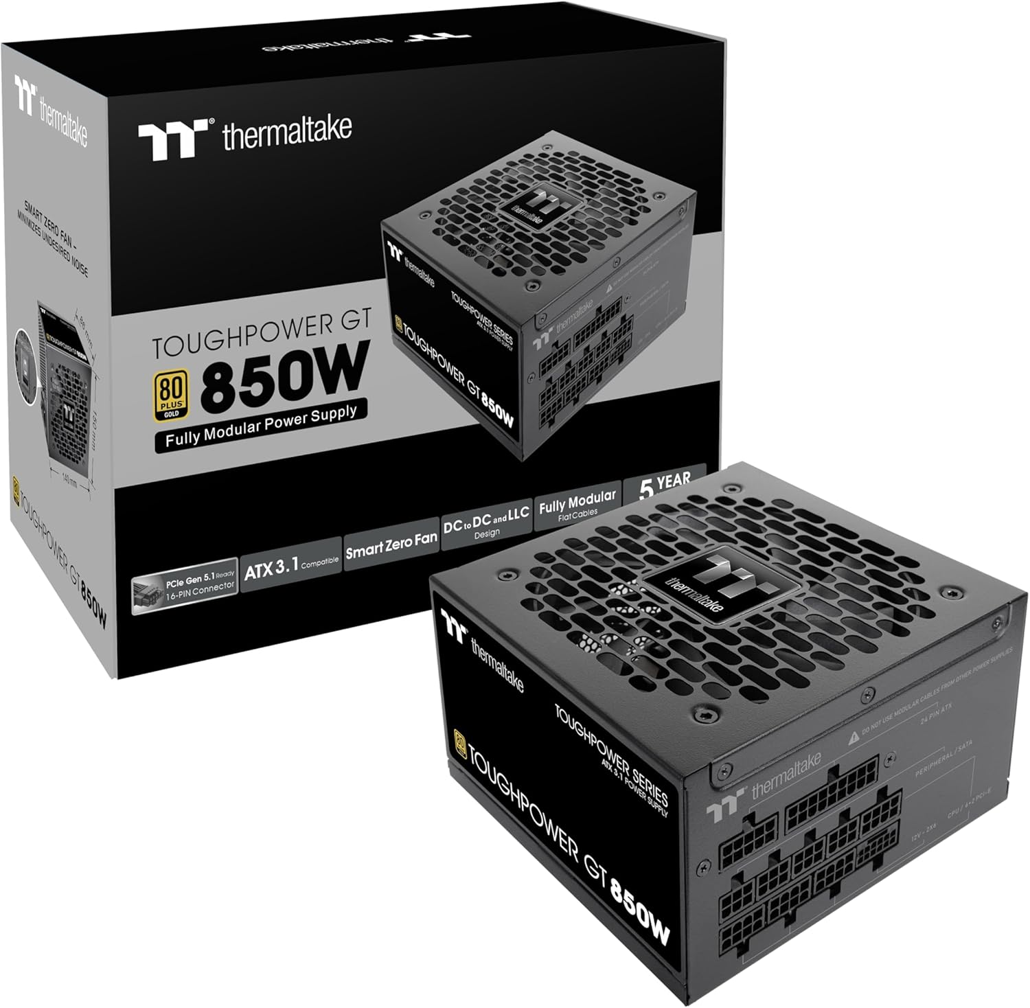 Thermaltake Toughpower GT 850W power supply front view showcasing the modular cable input ports.