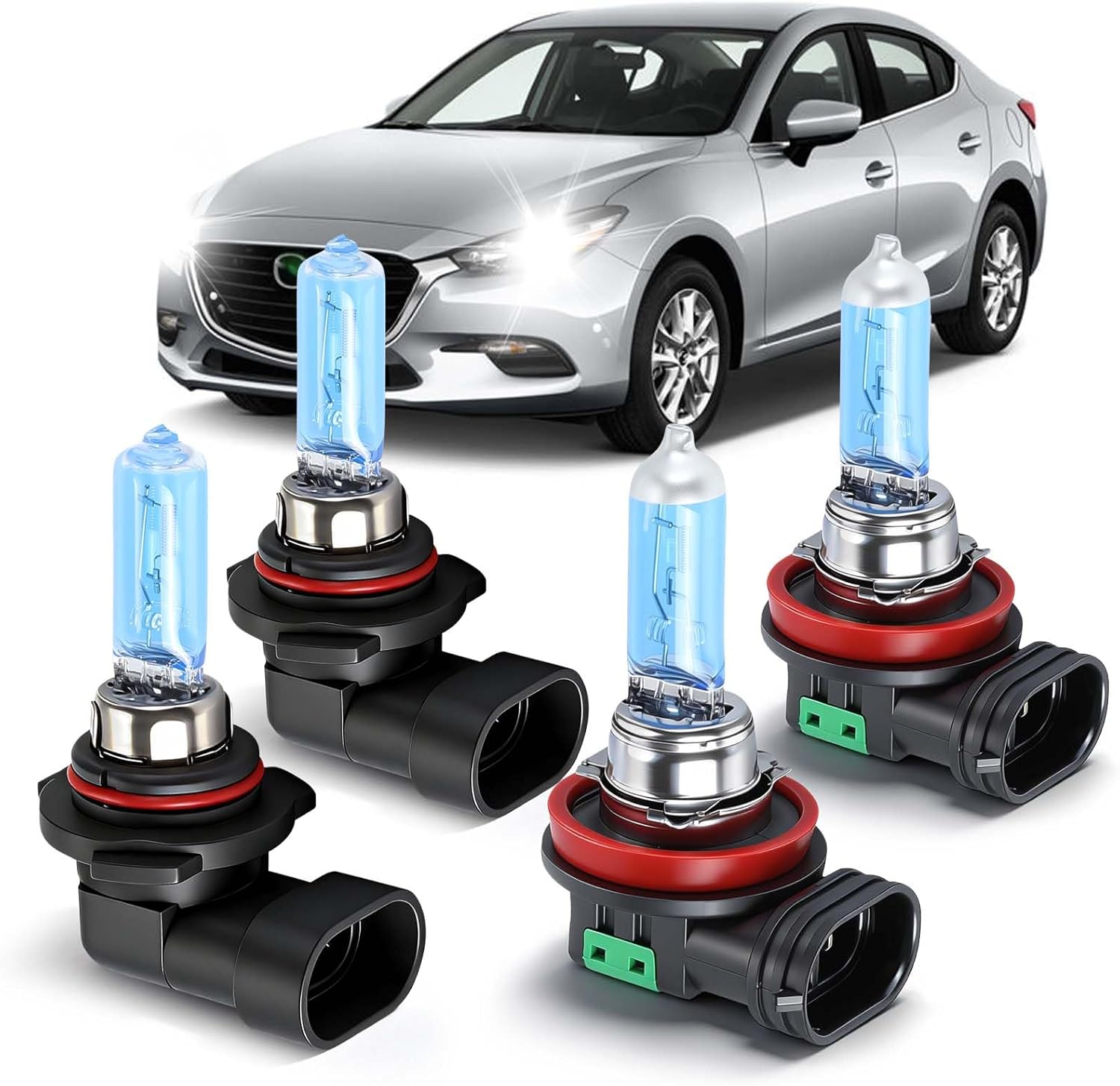 SHENKENUO Mazda 3 halogen headlight bulbs front view showcasing premium quartz glass construction.