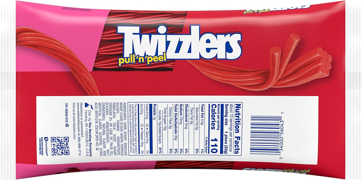TWIZZLERS Cherry flavored pull apart licorice candy strands close up