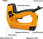 Side angle view of Hoteche 2-in-1 staple gun showing the magazine window