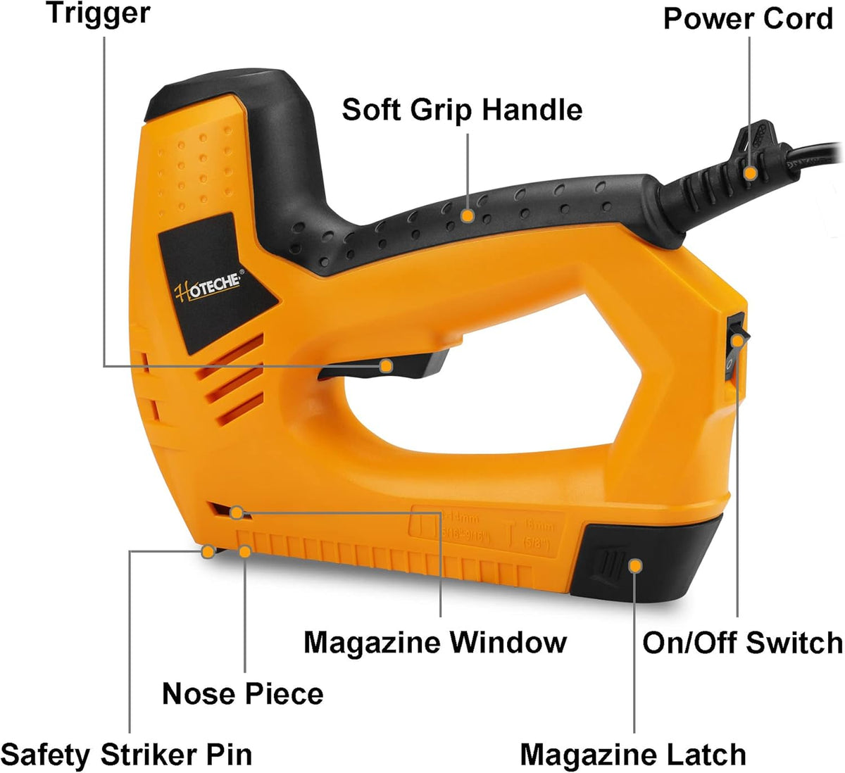 Side angle view of Hoteche 2-in-1 staple gun showing the magazine window