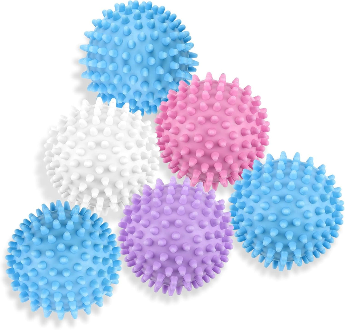 PEASUG reusable laundry dryer balls front view pack of six multi colored spiky balls for fabric softening