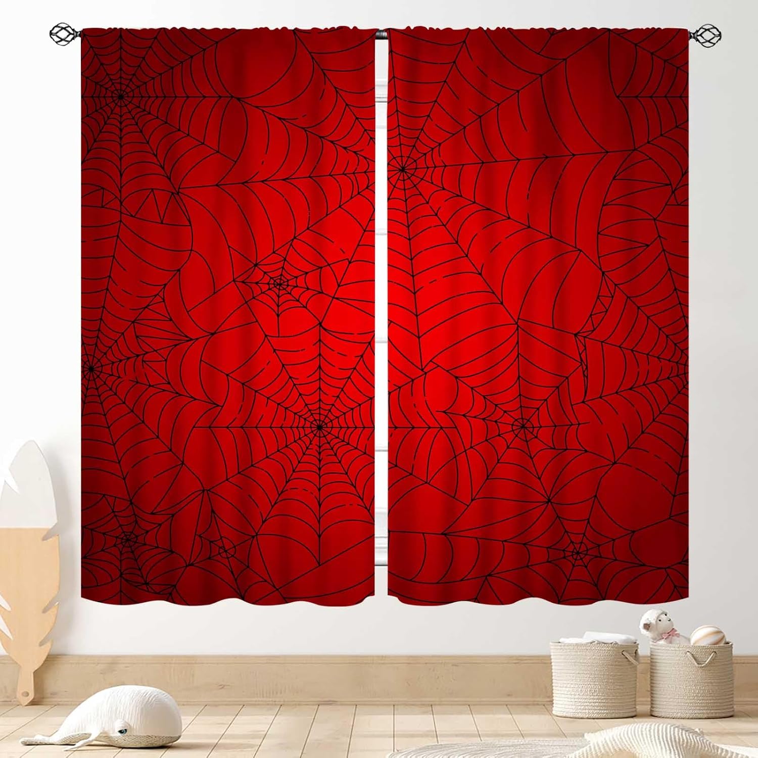 TKUYO super hero spider curtains front view showing two panels of red web pattern drapes hanging on a rod