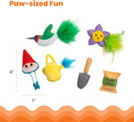 Detailed shot of the gnome and flower plush toys with catnip filling.