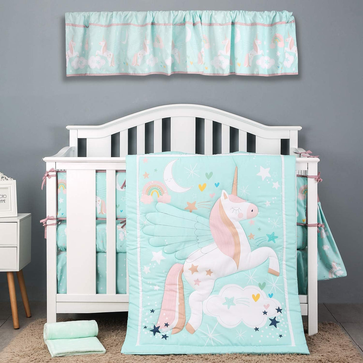 CribMATE unicorn baby room valance styled display