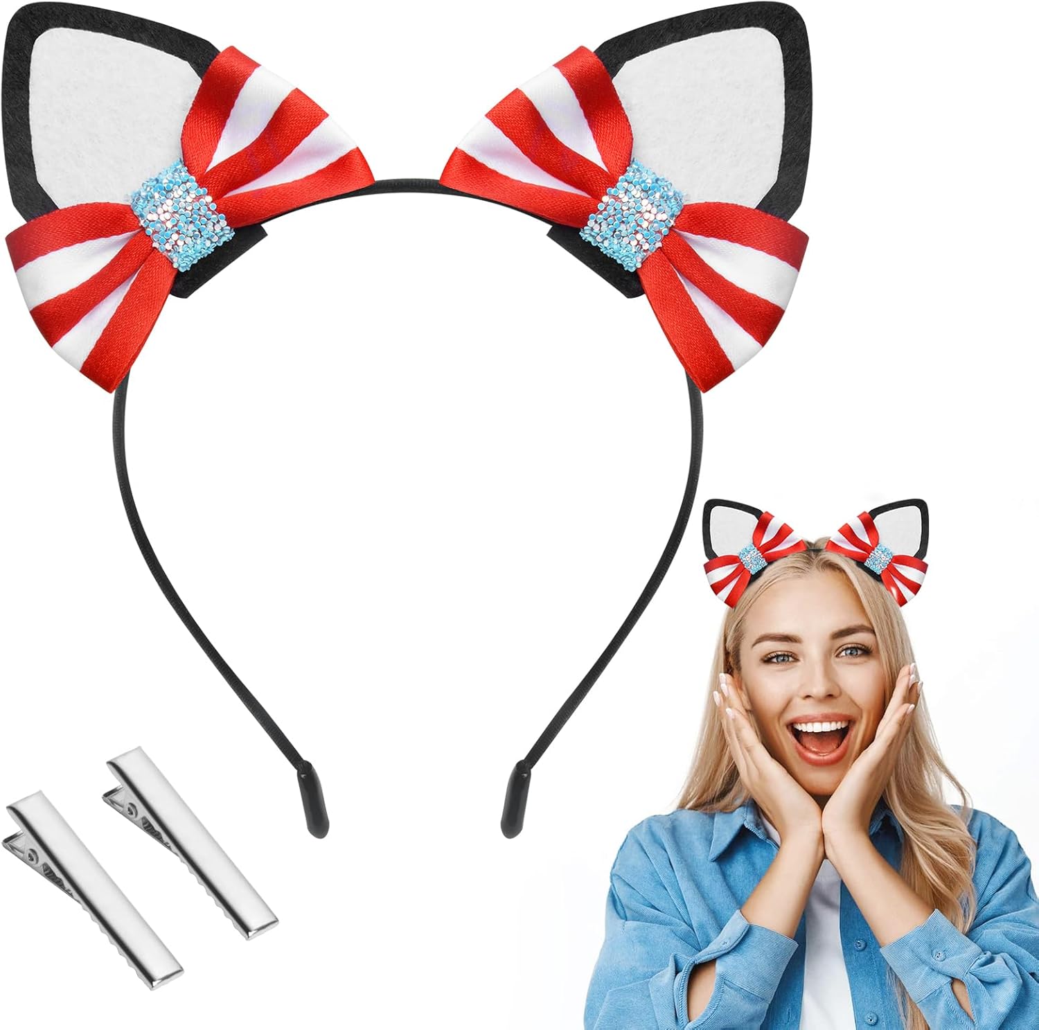 Beinayin Bow Dr Headband front view showing the red and white striped costume bow with blue sequins.