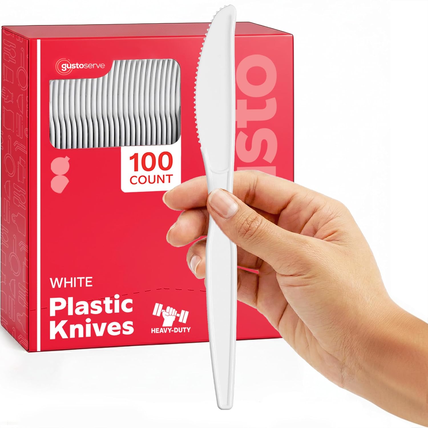 Gusto 100 Pack White Disposable Plastic Knives front view heavy duty cutlery.