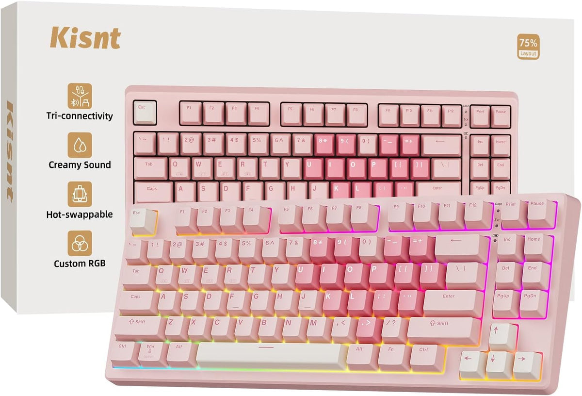 Kisnt KN85 wireless mechanical keyboard front view in rose pink