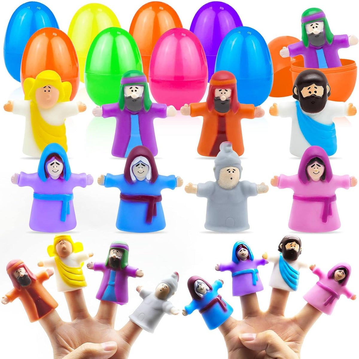 AMENON religious finger puppets easter eggs front view showcasing soft silicone bible character toys.