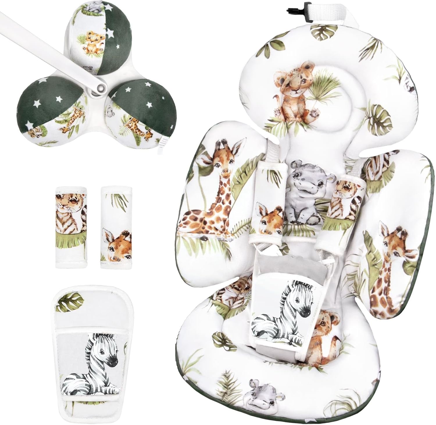 Sweetwavet infant insert compatible with 4moms mamaroo swing front view featuring colorful zoo animal pattern