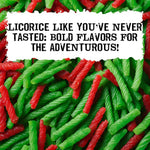 Three separate eight ounce bags of Bricktown Goods apple flavor licorice arranged neatly