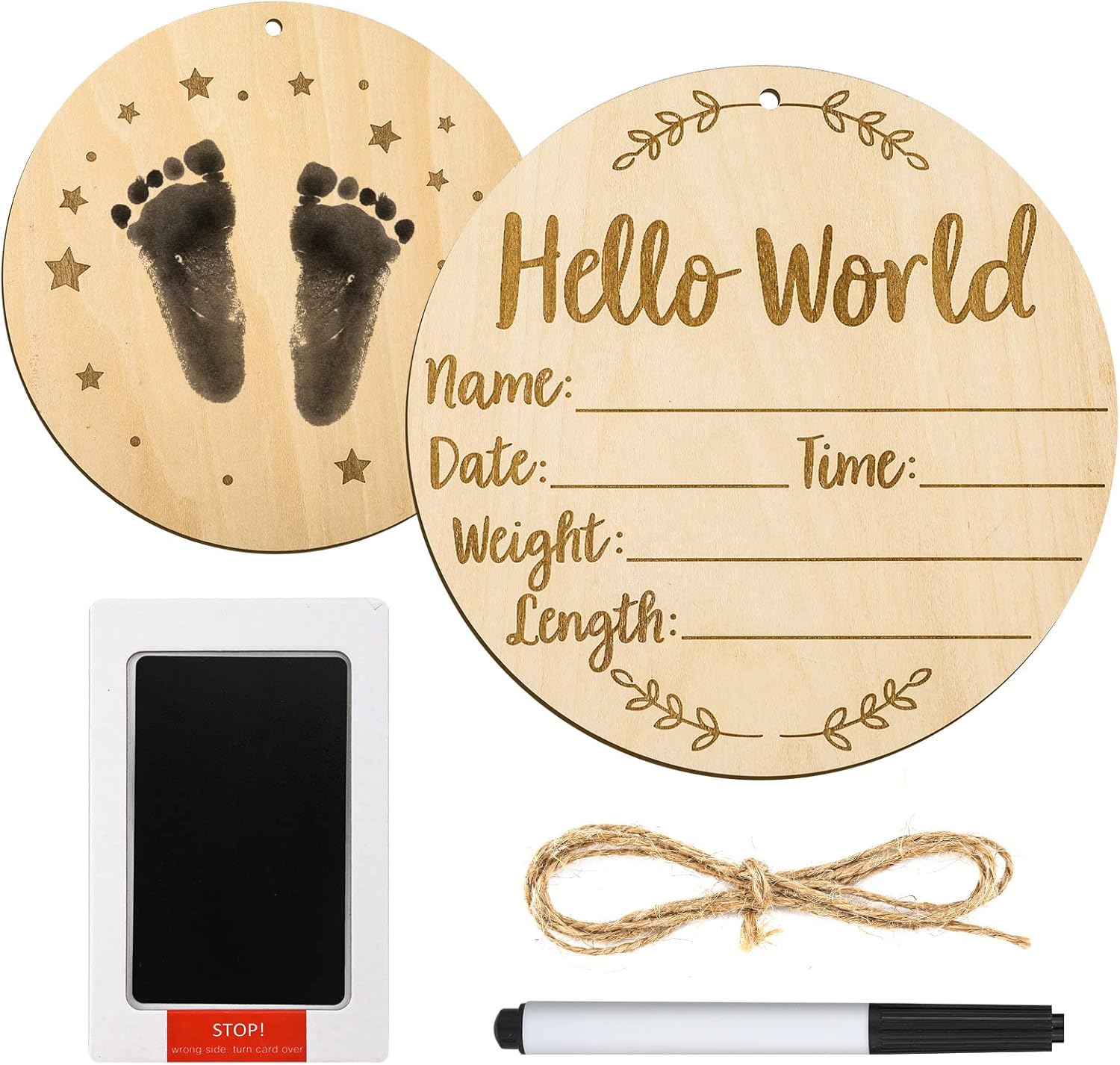 LUTER baby announcement sign front view featuring wooden newborn plaque with engraved hello world text