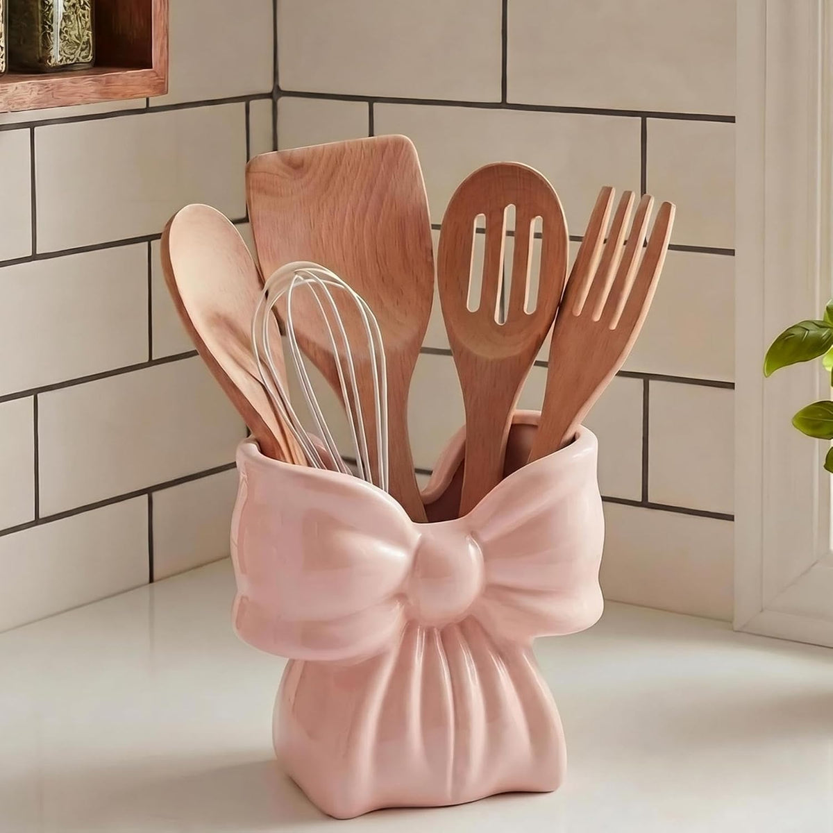 Hushee pink bow ceramic utensil holder front view kitchen counter organizer