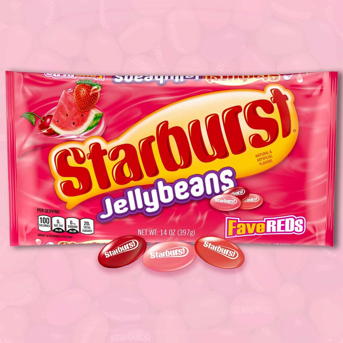 Starburst FaveREDs chewy gluten free jelly beans nutritional information side.
