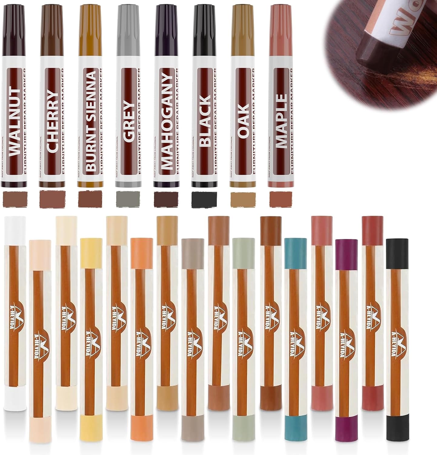 A-HEYIDA Wood Filler Putty Sticks and furniture marker repair kit front view showing the complete twenty four piece set.