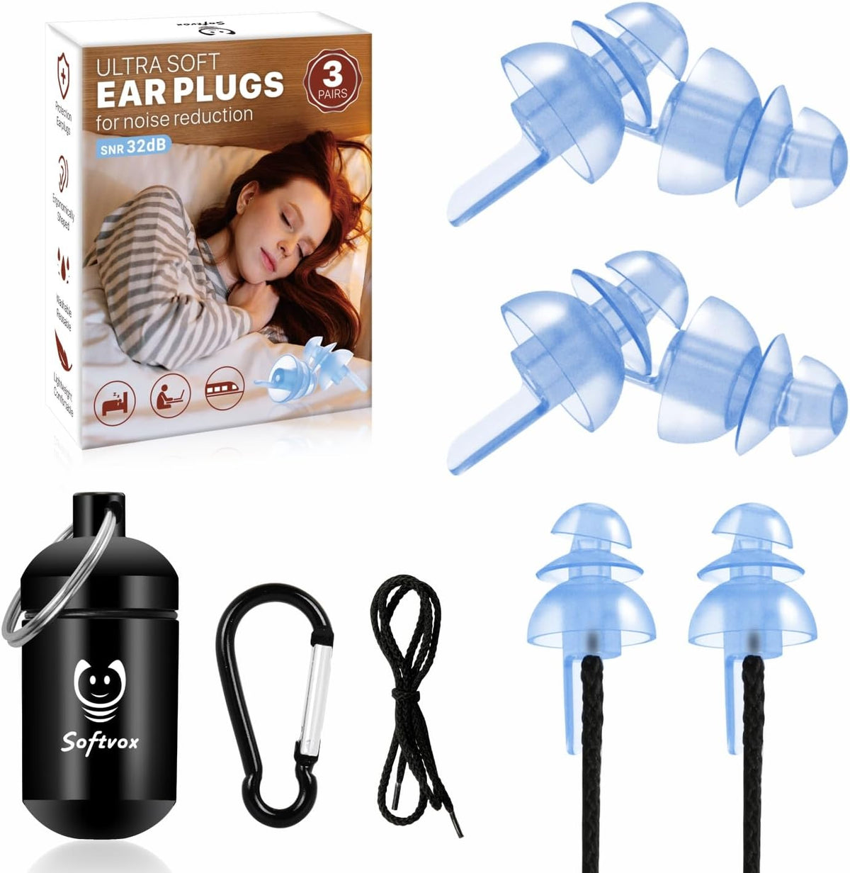 Softvox reusable silicone ear plugs front view in blue