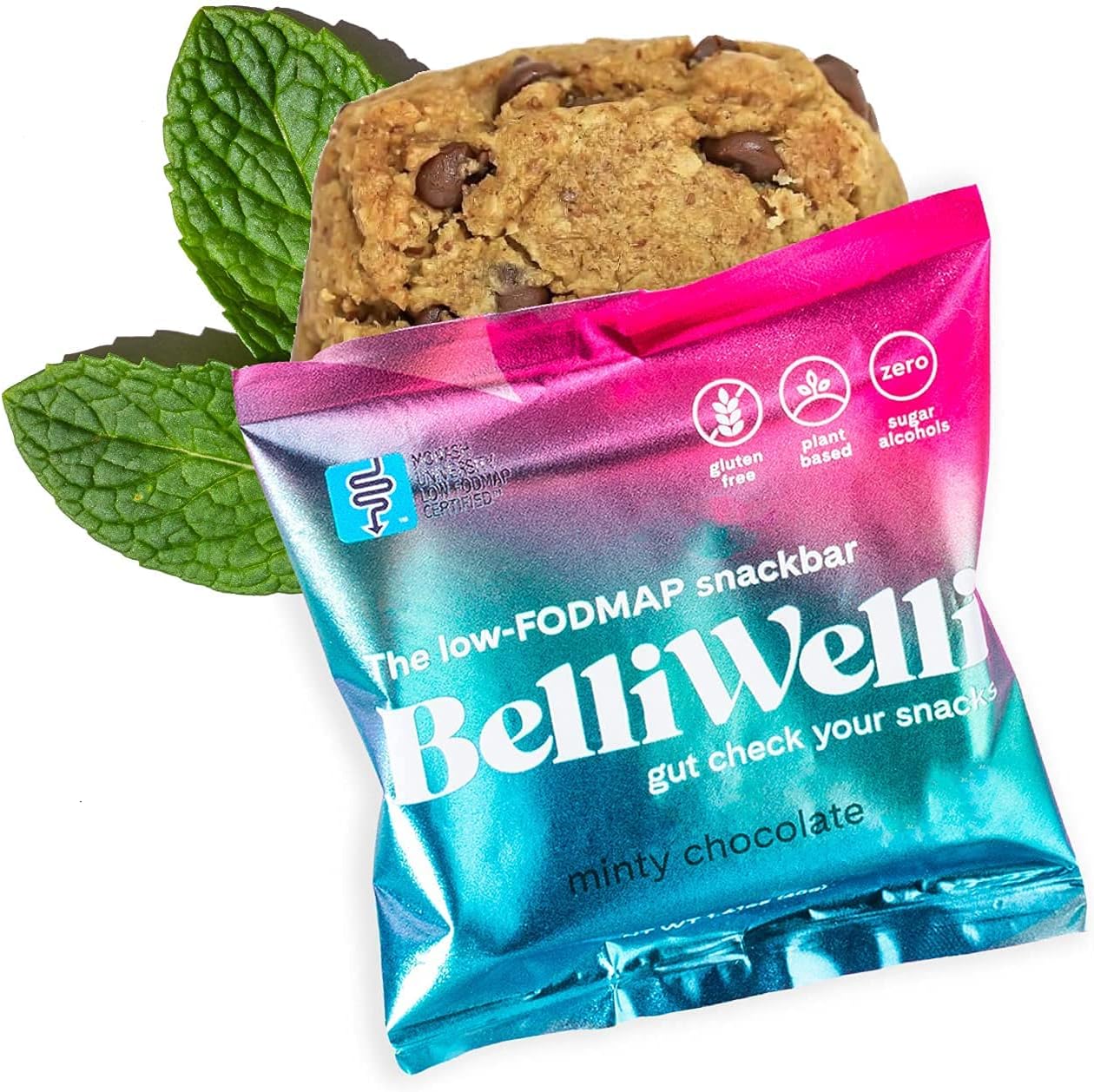 BelliWelli Plant Based Minty Chocolate Snack Bars 8 Pack front view showing gut friendly packaging