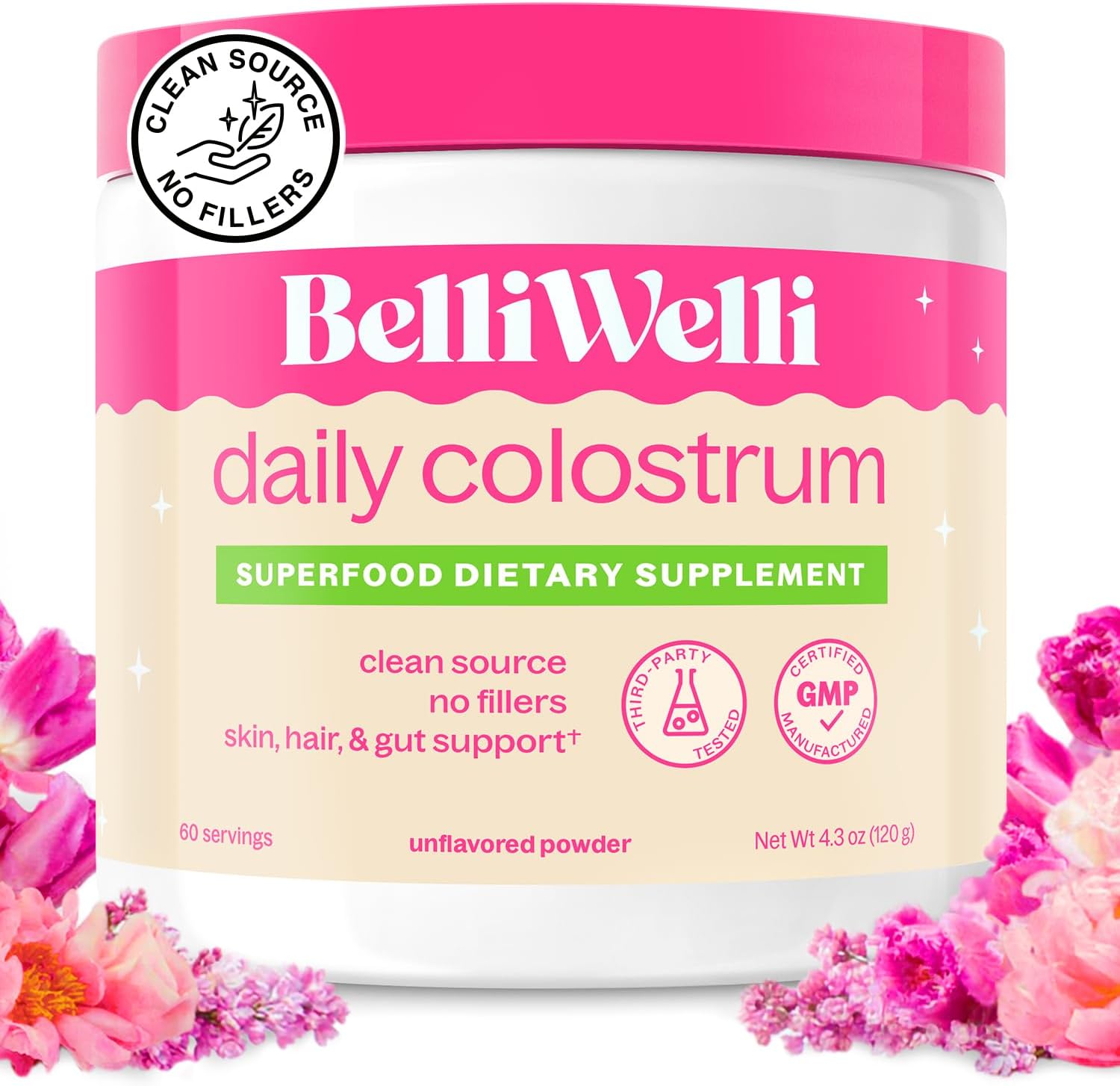 Belli Welli Premium Bovine Colostrum Powder front view jar packaging