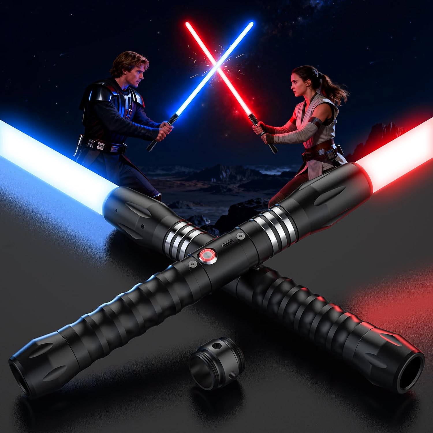 FlyQintess rechargeable heavy dueling lightsaber two pack with glowing metal hilts front view