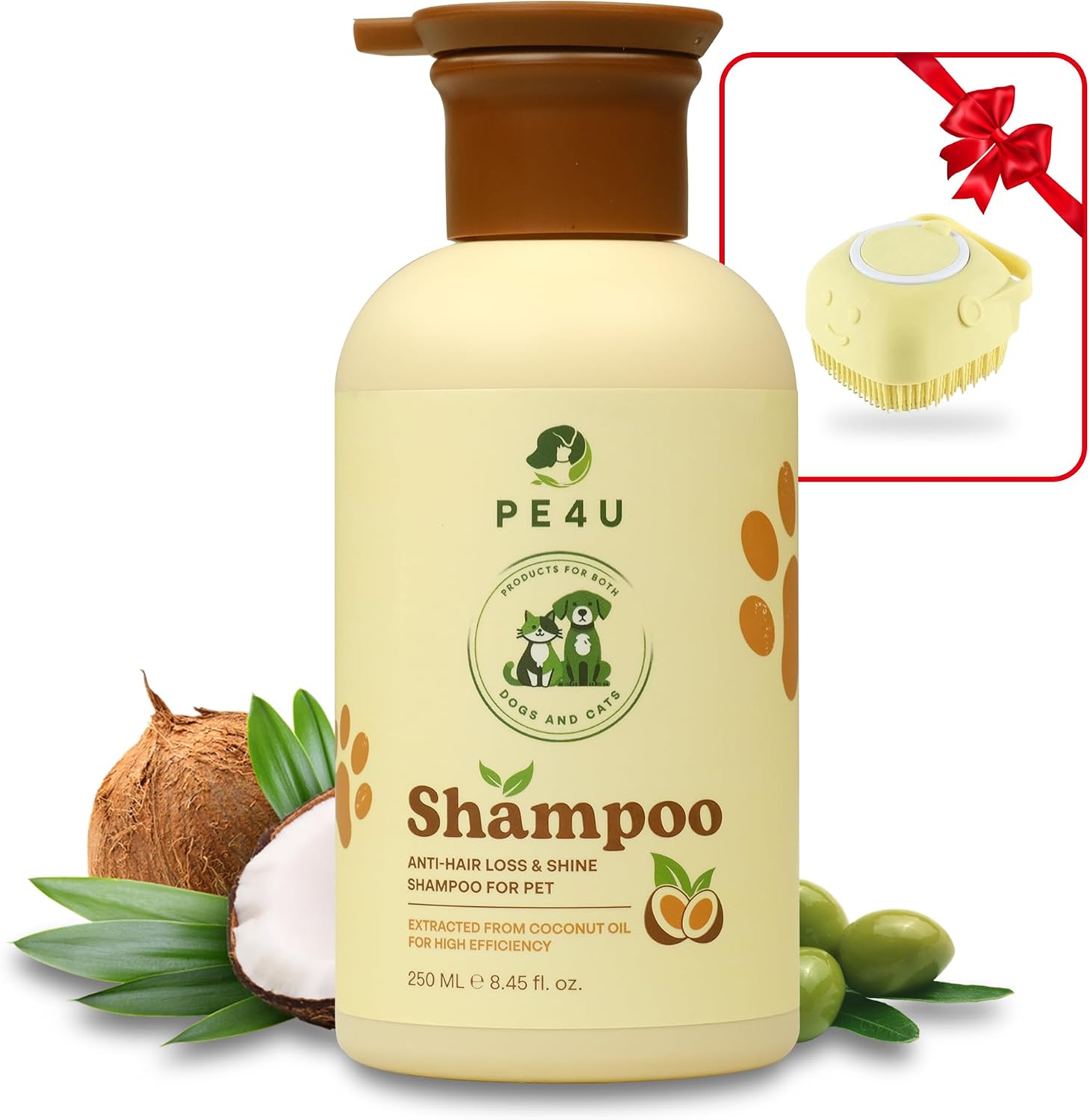 Pe4u Natural Pet Shampoo front view bottle showing coconut and olive oil ingredients