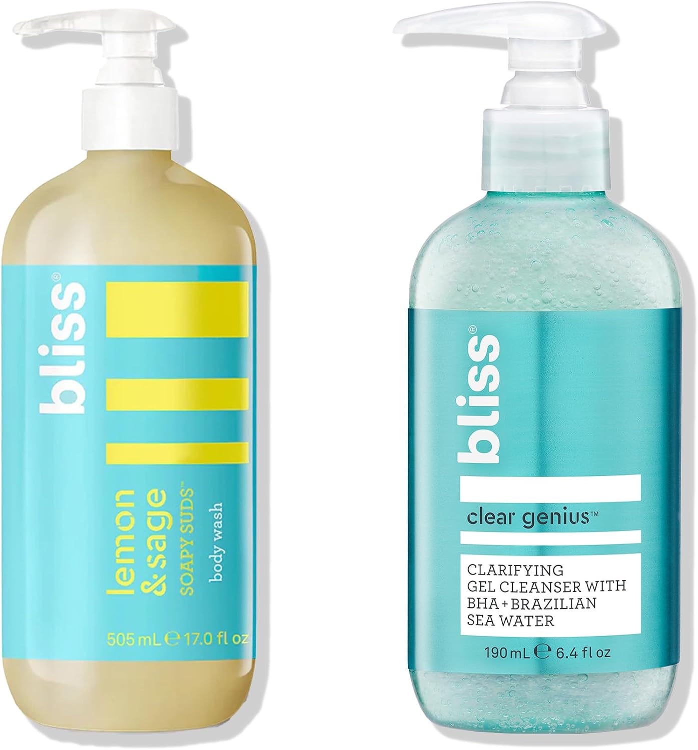 Bliss Soapy Suds Body Wash and Clear Genius Cleanser set front view