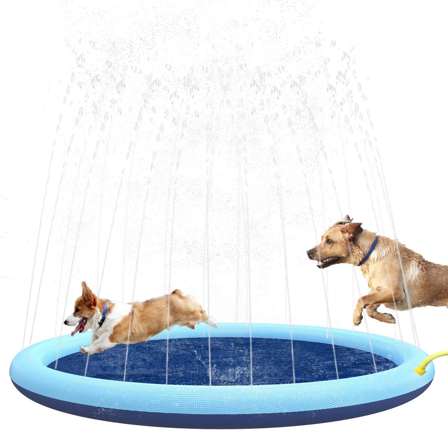 Wityoo Splash Pad for dogs and kids front view showing water sprinklers active on grass