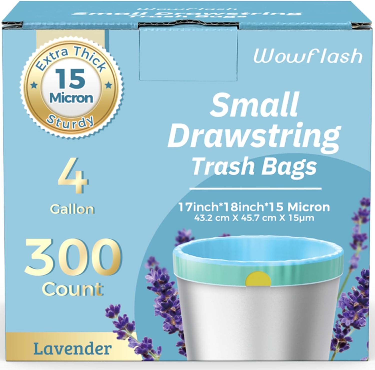 Wowflash drawstring small trash bags 300 count pack front view on white background