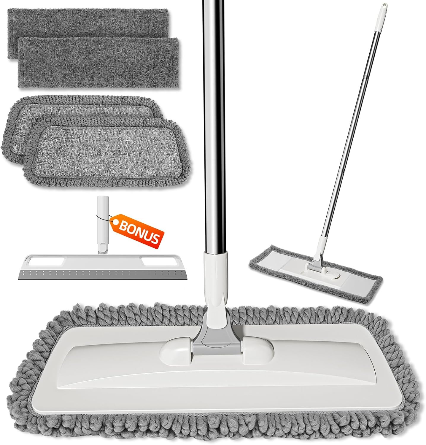 WENGROU microfiber dust mop front view showing the flat floor mop base and adjustable handle