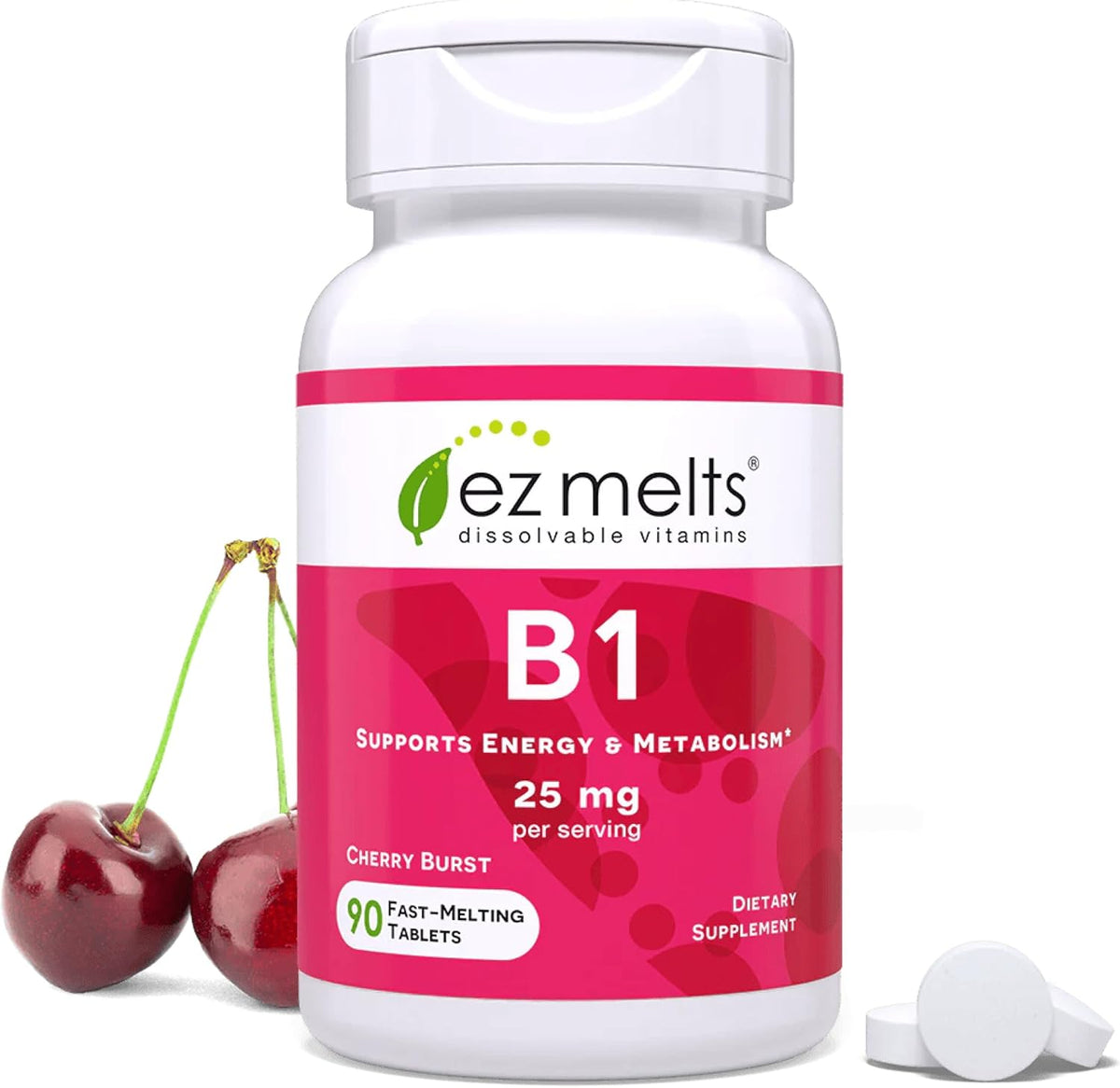 EZ Melts Vitamin B1 25mg Thiamin supplement front view bottle for energy support