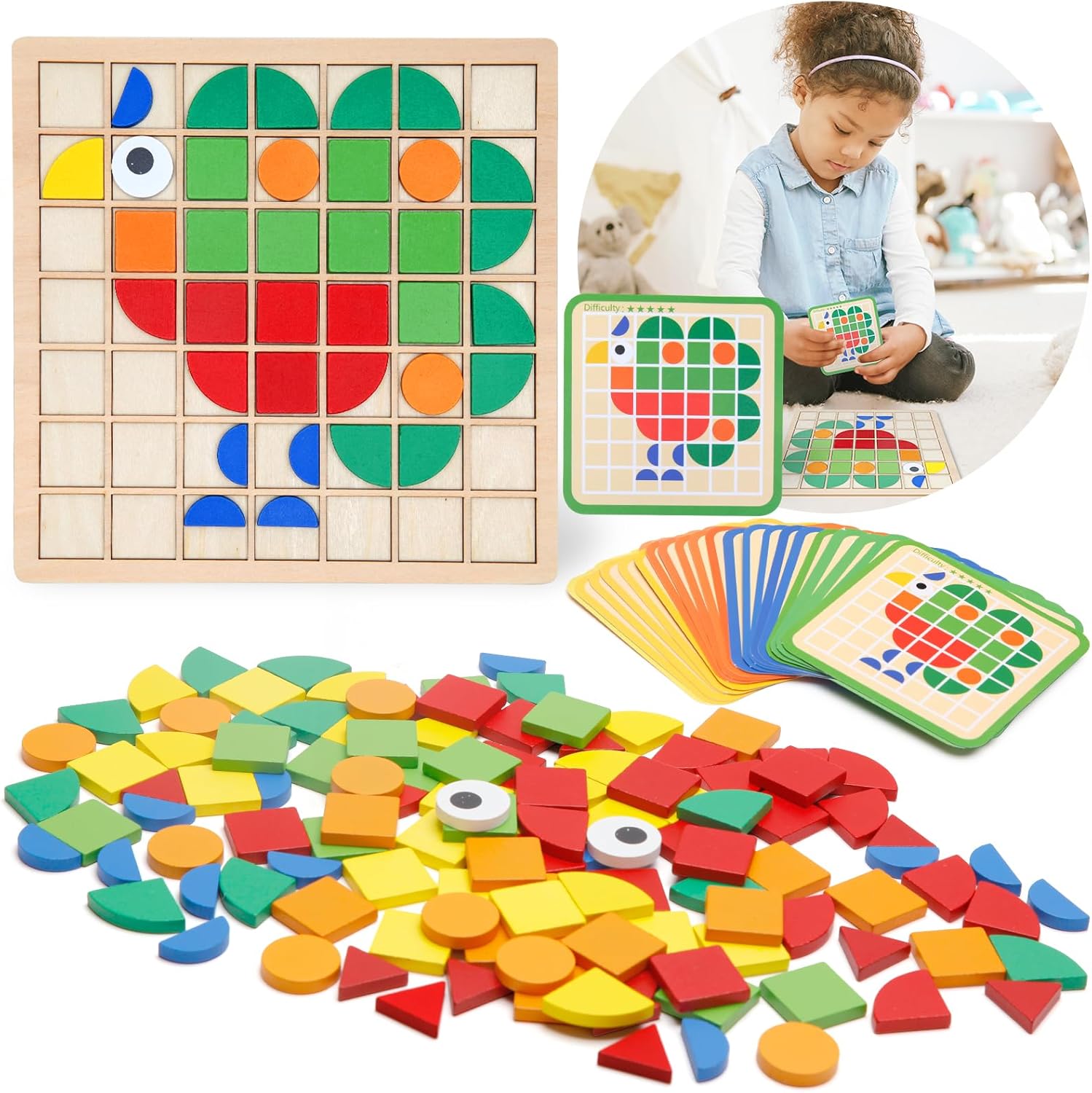 Zycolo Montessori tangram educational toy front view with wooden blocks arranged on the board