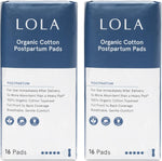 LOLA Organic Cotton Postpartum Pads front view packaging 32 count.