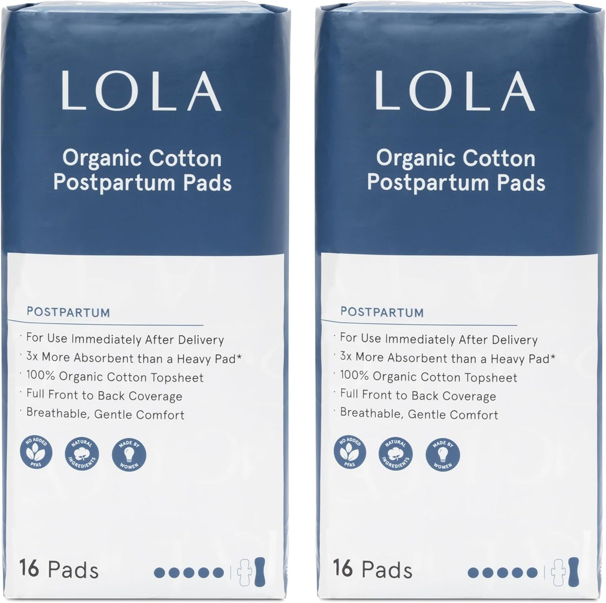 LOLA Organic Cotton Postpartum Pads front view packaging 32 count.