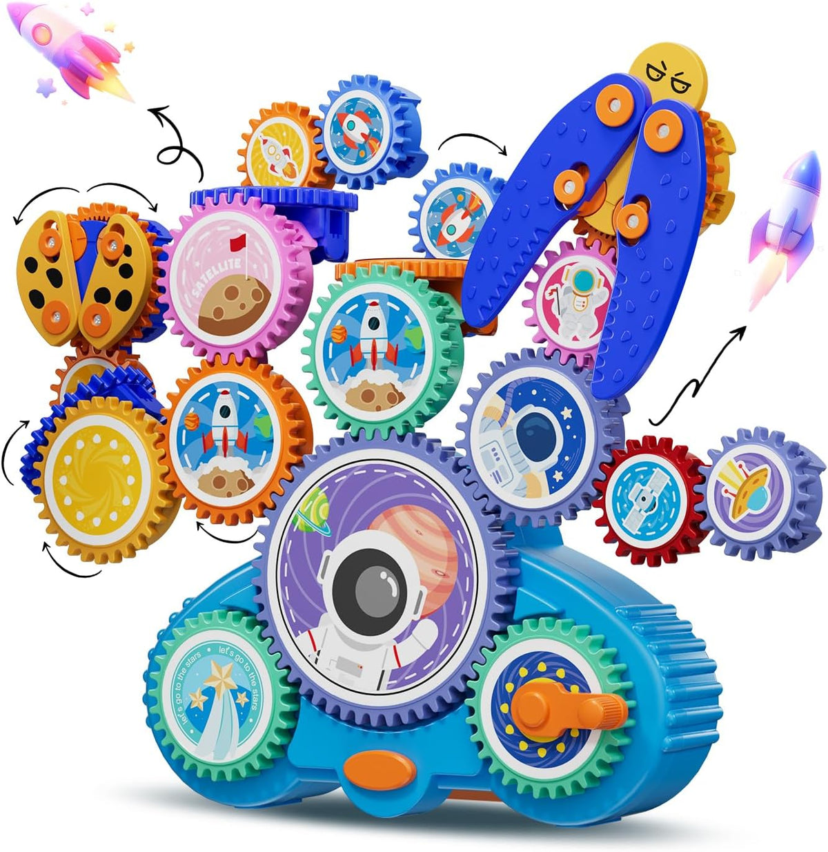 Fivoro STEM gears building set front view with space theme pieces