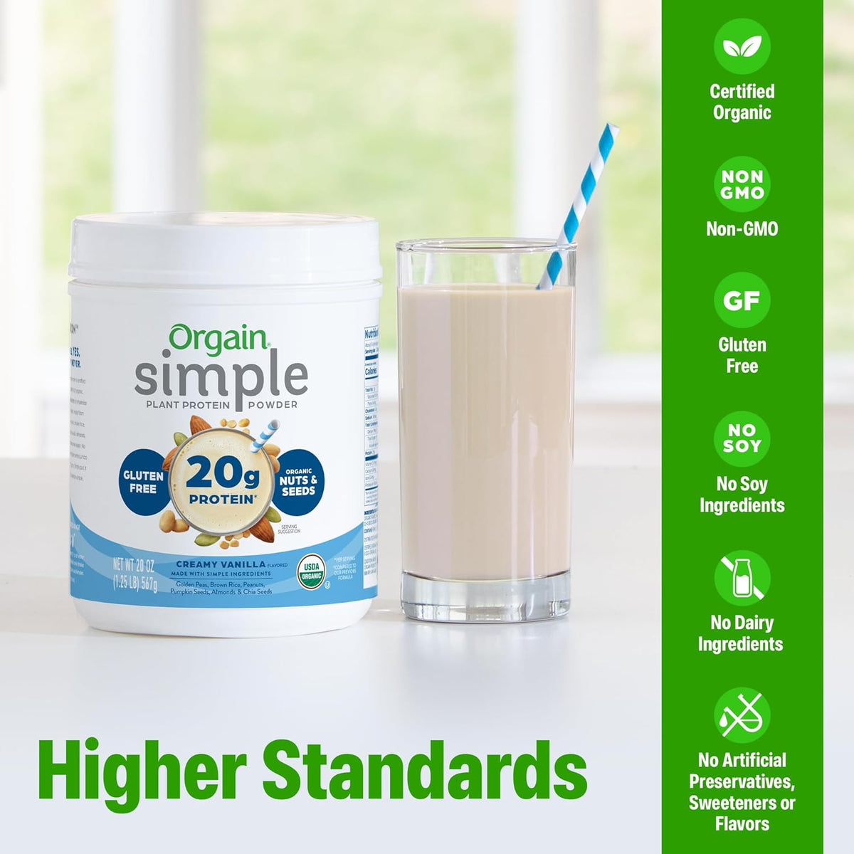 Orgain Creamy Vanilla clean ingredients list including pea protein and chia seeds