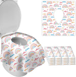 DEEKI Disposable Toilet Seat Covers front view showcasing the compact travel packaging and bright rainbow graphics.