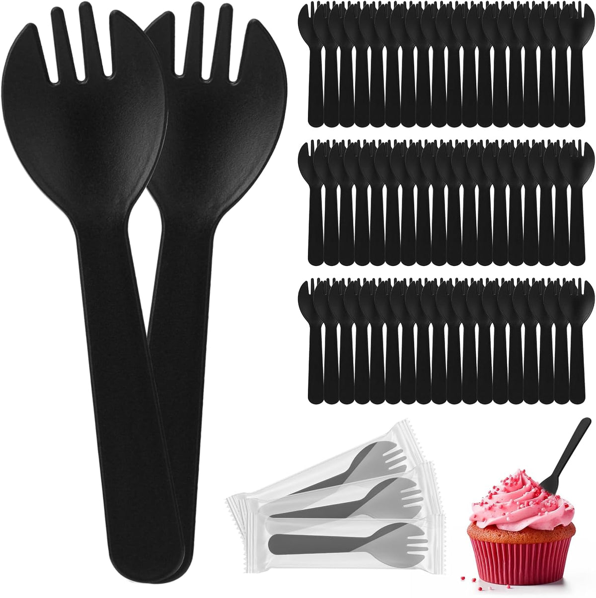 Vane Delx mini disposable plastic sporks front view highlighting the premium matte black finish and combined spoon fork tines.