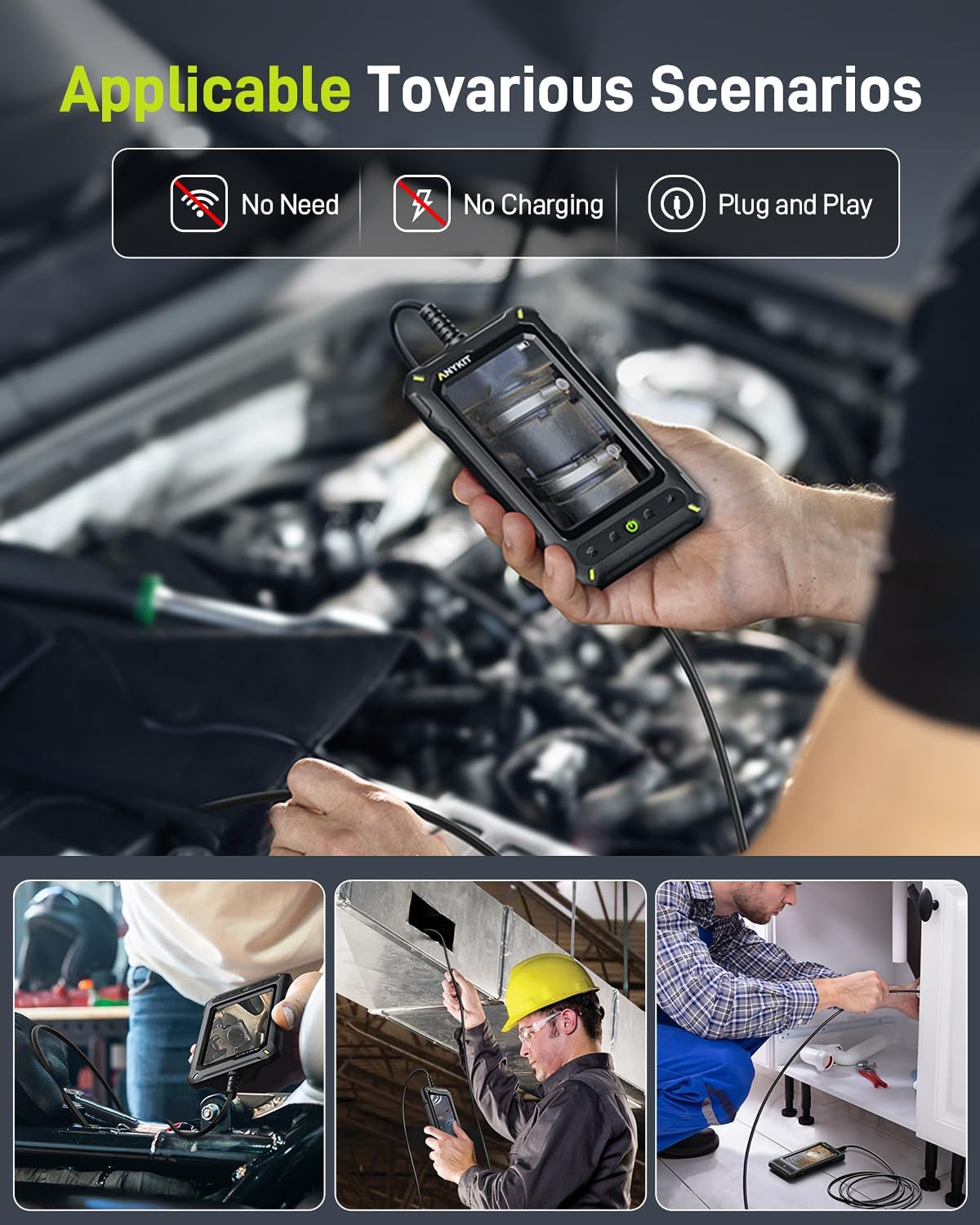 Anykit borescope accessories including hook and magnet attachments